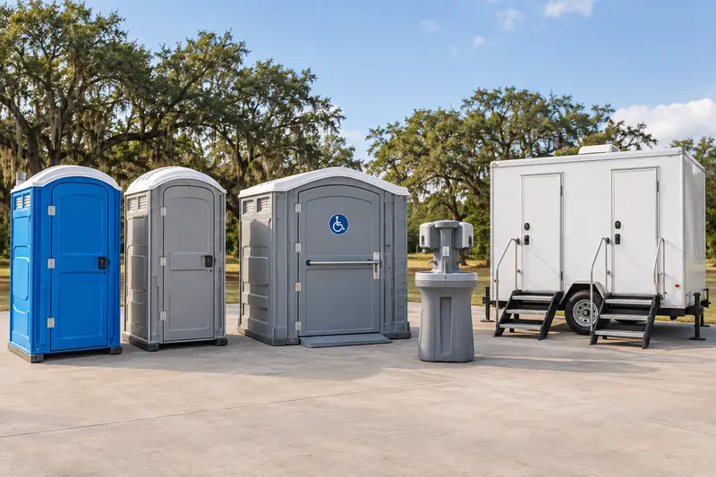 Portable toilet cabins, a wider accessible unit, handwashing station and restroom trailer
